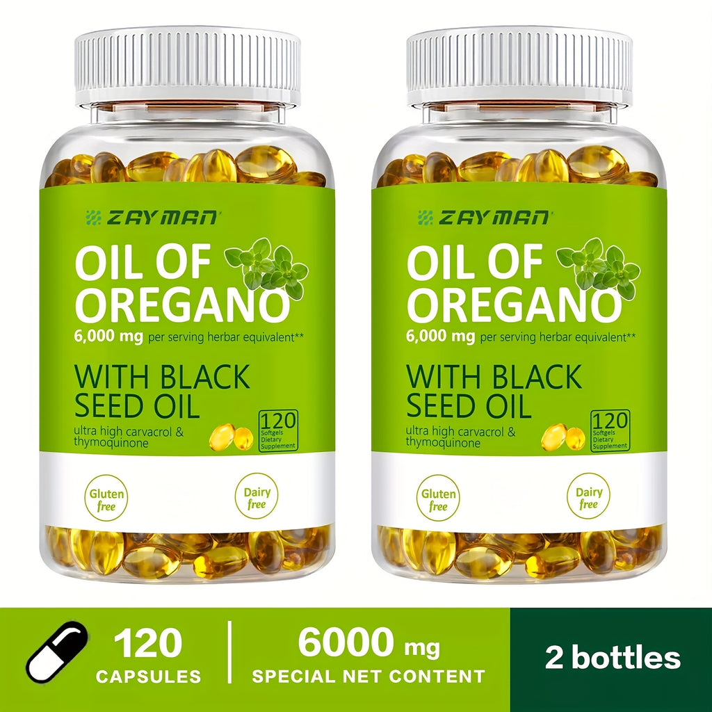 1-3P Bottle of Oregano Oil Softgels - Wild Oregano Oil 6000, Black Seed Oil 200 Capsules, 120 Capsules, Containing Carvacrol And Thymol, Dairy-Free, Gluten-Free