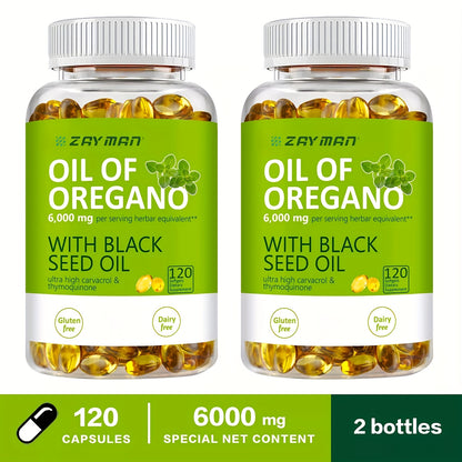 Wild Oregano Oil Softgels 6000mg with Black Seed Oil | Carvacrol & Thymol Formula for Immune Support Antifungal & Antimicrobial Defense | Dairy-Free Gluten-Free 120 Capsules