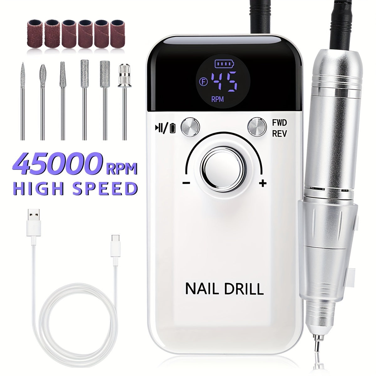 Electric Nail Drill Machine 45000RPM Rechargeable with LCD Display Professional Manicure Pedicure Tool for Acrylic Gel Nails Cuticle Removal Nail Polisher Home Salon Use Pink White