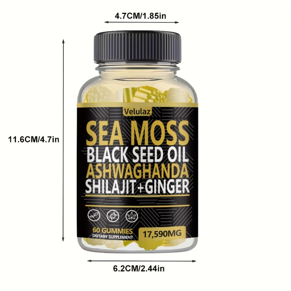 Sea Moss Gummies 10-in-1 Superfood Blend 60 Count - Black Seed Oil Ashwagandha Shilajit Elderberry Turmeric Bladderwrack Ginger Chlorophyll 17590mg - Daily Wellness Supplement