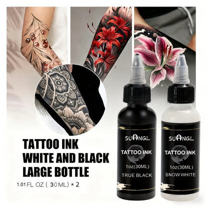 Professional Tattoo Ink Black & White 1.01oz — High Brightness Fine Particle Formula, Needle-Compatible Permanent Body Ink for Tattoo Machines, Studios & Hobbyists
