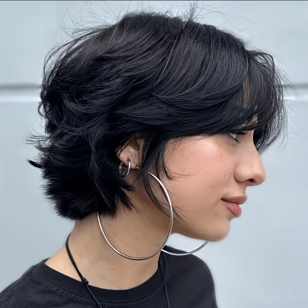 Curly Wavy Bob Wig Human Hair with Bangs – Short Pixie Cut None Lace Front Rose Net Cap, Natural Black 1B, Versatile Daily Wear & Cosplay Wig for Women, 6 Inch