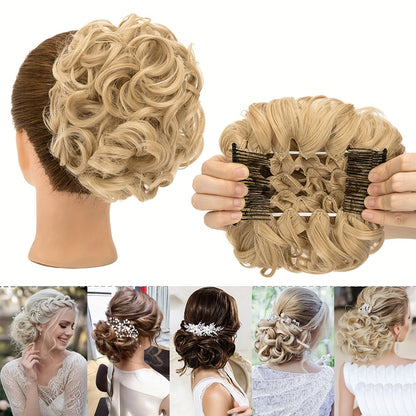 Clip In Hair Bun Extension Messy Bun Chignon Hairpiece Synthetic Curly Updo with Comb Scrunchie for Women Wedding Party Office Daily Wear Rose Bud Style