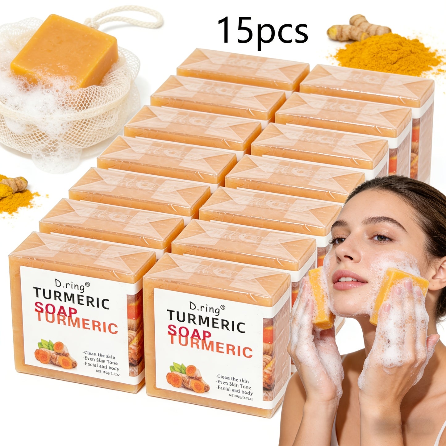 Turmeric Kojic Acid Soap Bar - Natural Lemon Brightening Face & Body Cleanser with Gentle Exfoliation, Paraben-Free Cold Processed Formula, All Skin Types, 15 Bars