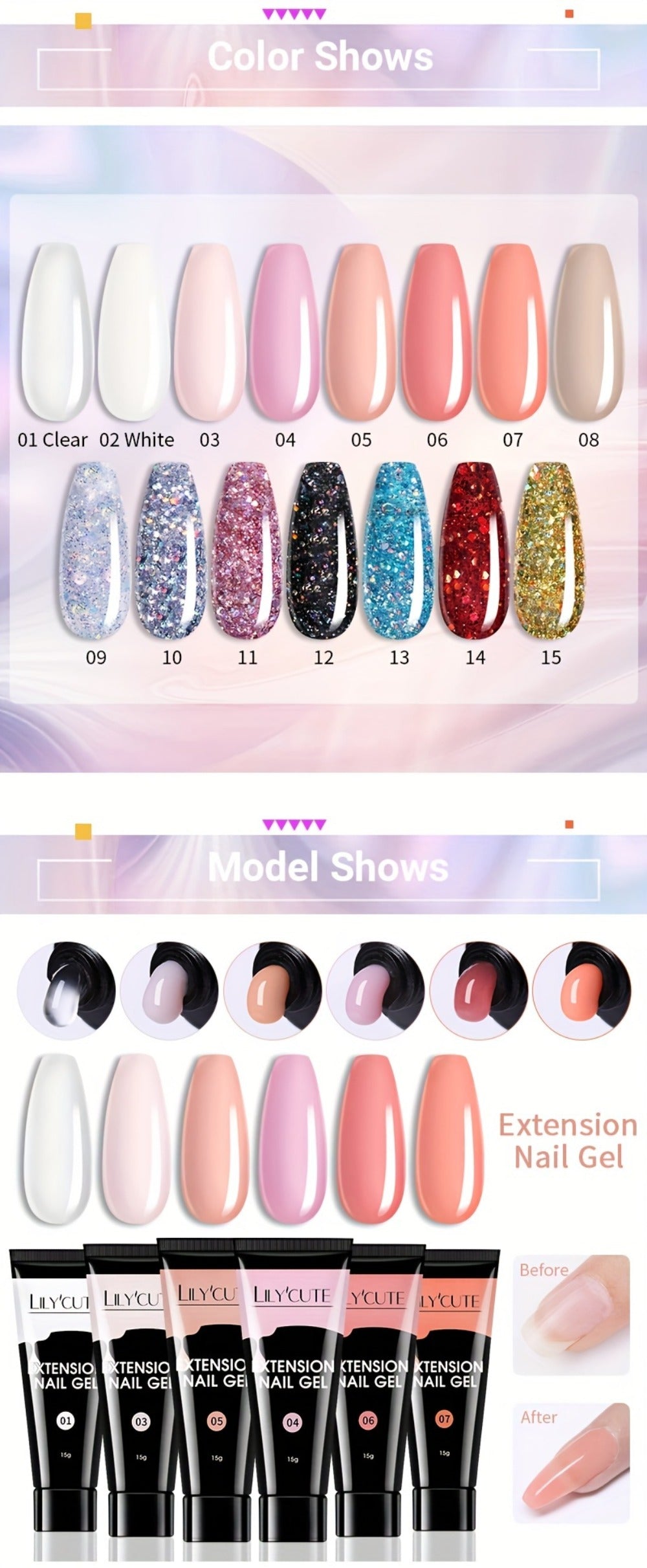 LILYCUTE 0.51oz 5pcs Quick Extension Gel Nail Polish Set in White, Nude, Pink, Acrylic, And Crystal for Nail Construction, Perfect for Manicure