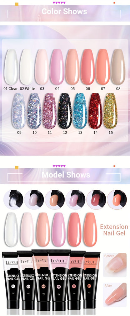 Nail Extension Gel Quick Builder White Nude Pink Crystal Acrylic UV LED Nail Construction Kit for Salon & Home Manicure 0.51oz 15g