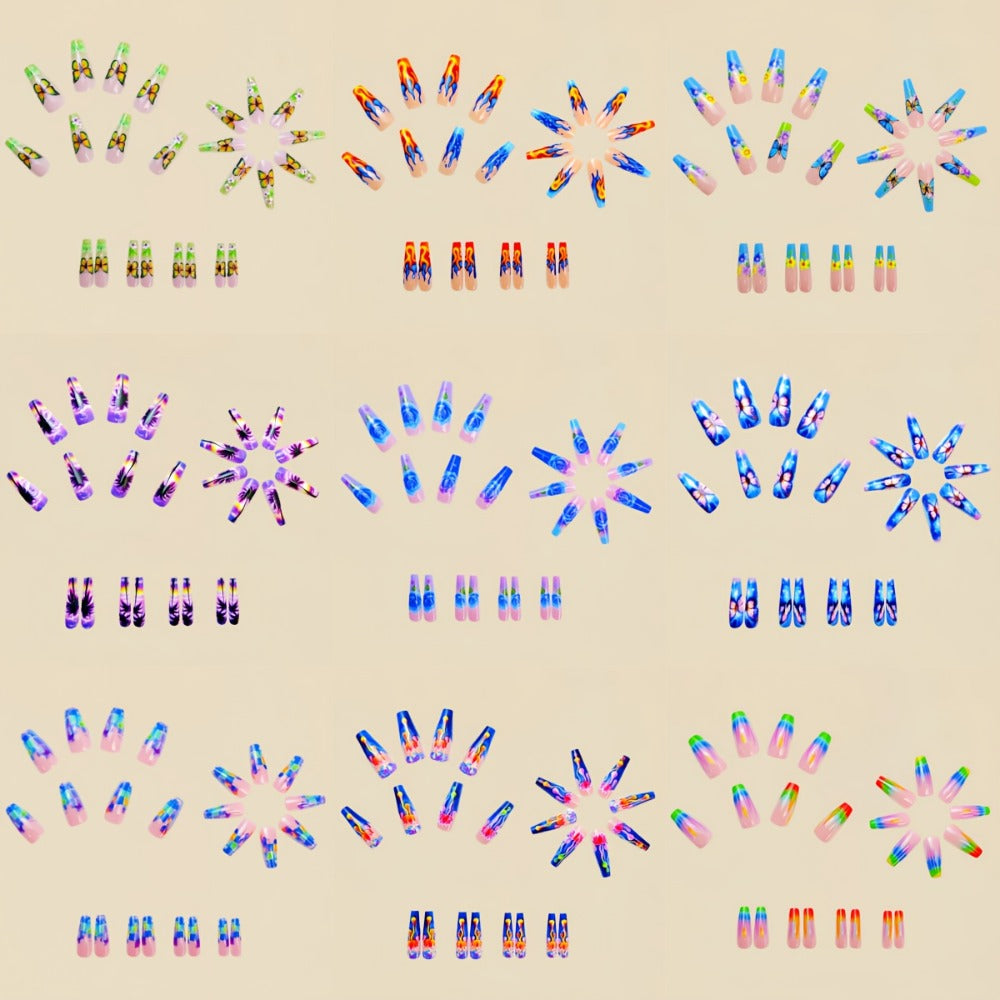 216 Press-On Fake Nails, Coffin Press on Nails Flower Fake Nails Nude Pink Acrylic Nails Reusable Spring Summer False Nails Glossy Full Cover Medium Length Shape Stick on Nails for Women Art Manicure