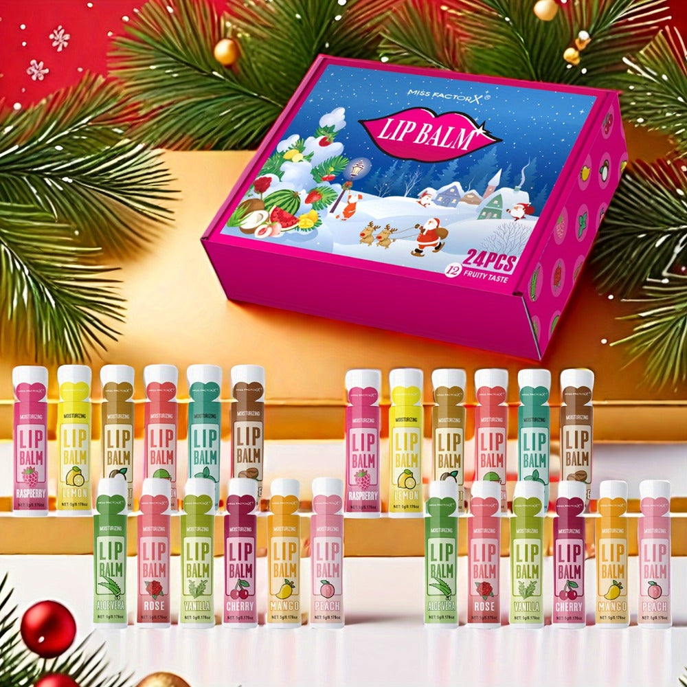 [Christmas Lip Balm Set] 24pcs/Box Christmas Theme Gift Lip Balm Set | Plant Fragrance, Long-lasting Moisturizing, Brightening Lip Color, Suitable for Men and Women, New Year Party Gift for Women