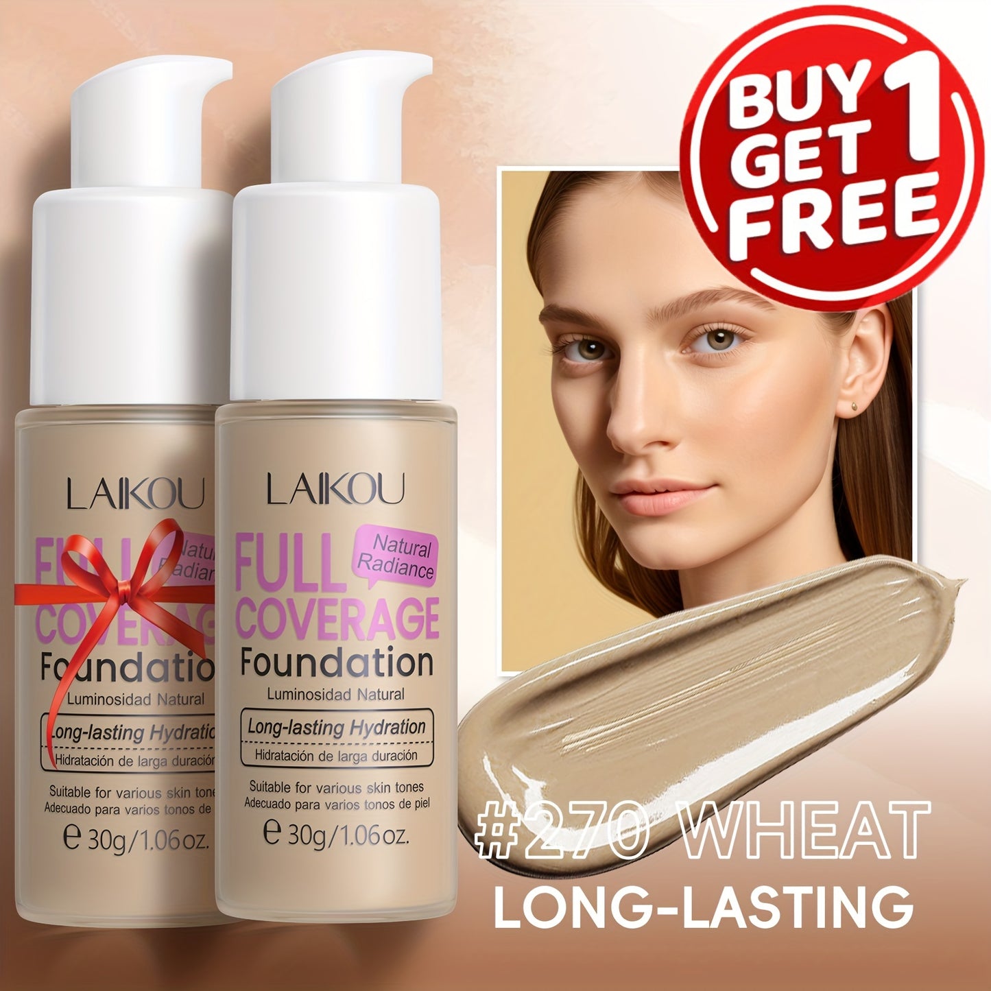 Foundation Full Coverage Hydrating Waterproof Long Lasting LALKOU with Hyaluronic Acid Pear Powder Invisible Pores Flawless Skin 6 Shades Ivory to Tan 2pcs