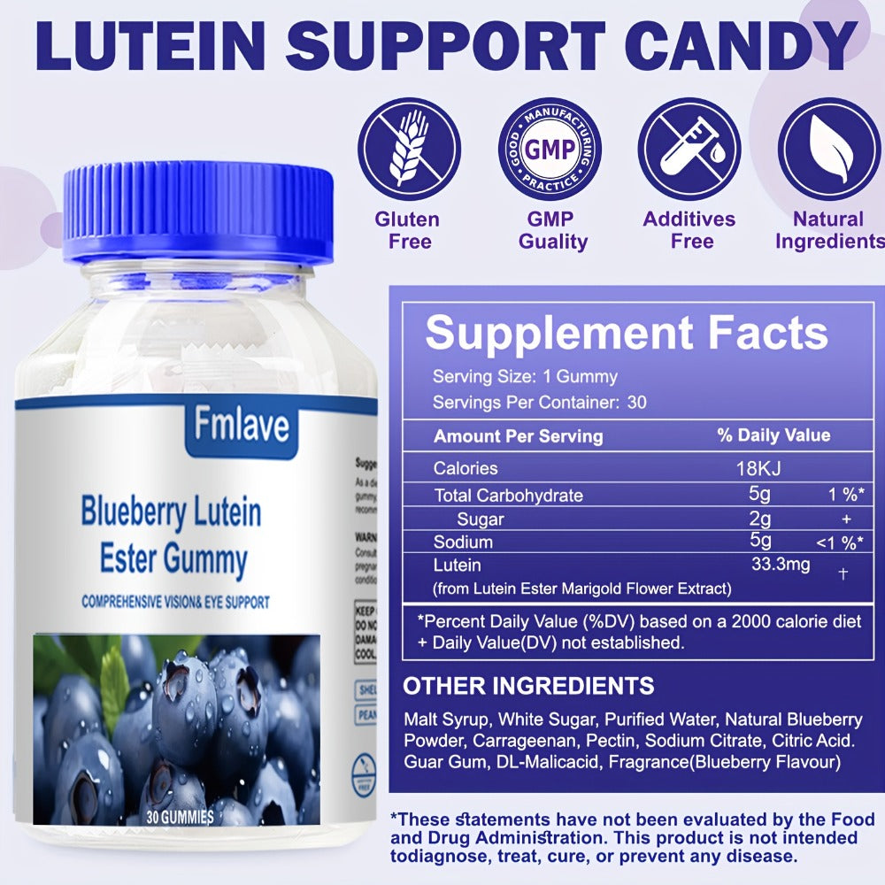 [Eye Health Gummies] Lutein 30 Day Supply-Blueberry Lutein Eye Vitamins Gummies, Eye Health Supplement for Kids And Adult, Lutein Gummies for Vision Clarity And Blue Light Support, Individually Packed, 30 Gummies