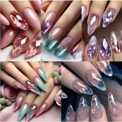 Press On Nails 120 Pieces 5 Packs - Medium Almond Fake Nails Gradient Holographic | Mixed Color Orange Tones Full Cover False Nails Kit with Jelly Glue & Nail File for Women Girls