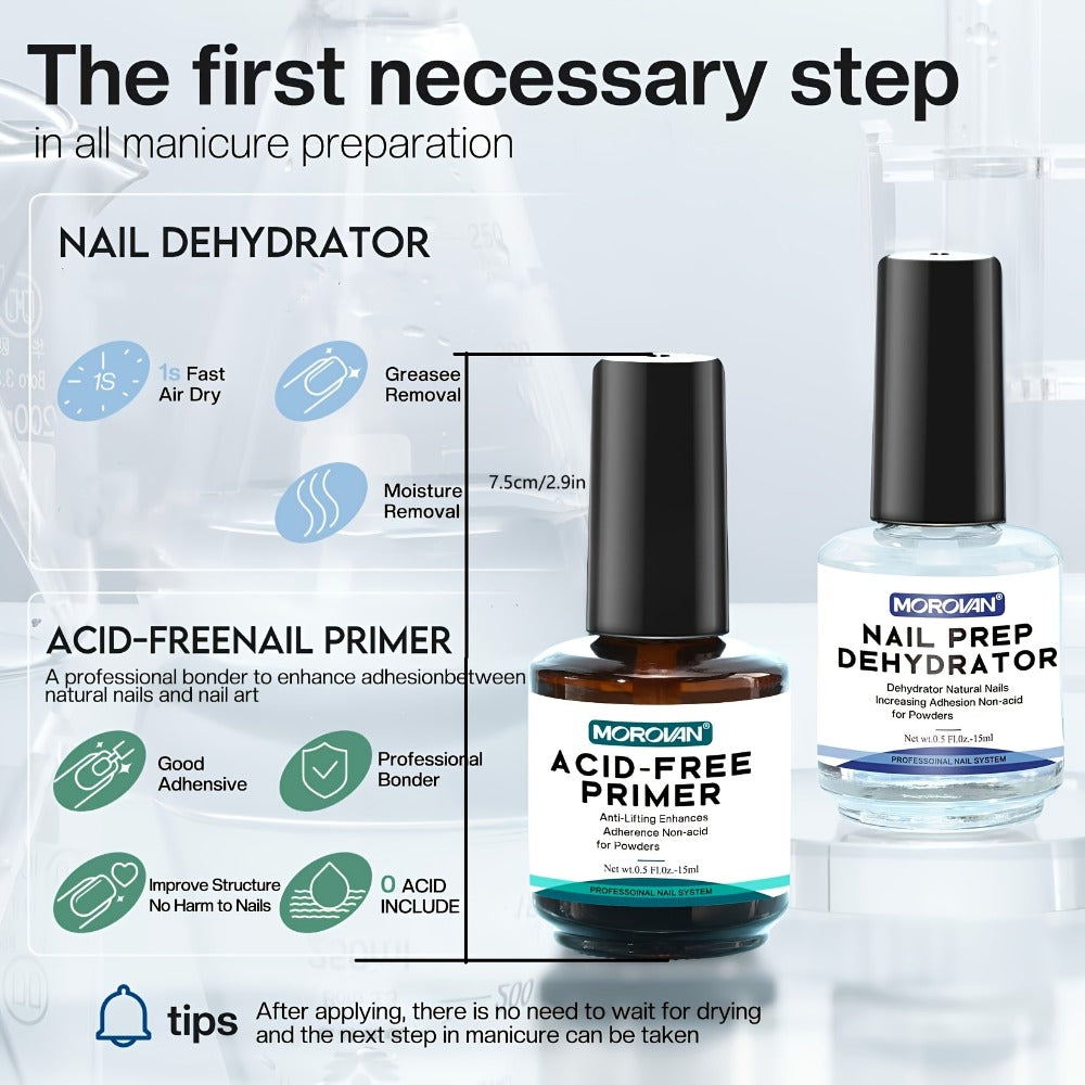 Morovan Professional Acid-Free Nail Prep Dehydrator & Primer Suitable for Gels Fast Dry, Non-Acid Base with Nail File & Brush - Liquid Dehydrator for Acrylic/Gel Polish, Bonding Agent for Nail Salons, Nail Technicians, Gift Box Set