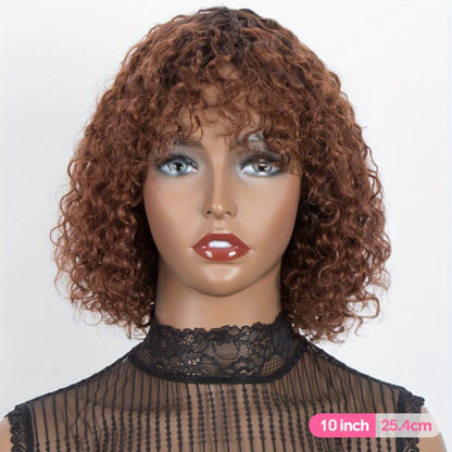 Human Hair Bob Wig Curly Water Wave Glueless Short Wig with Bangs 150% Density Ombre Brown Auburn 12 Inch Beginner Friendly Natural Hairline Daily Wear