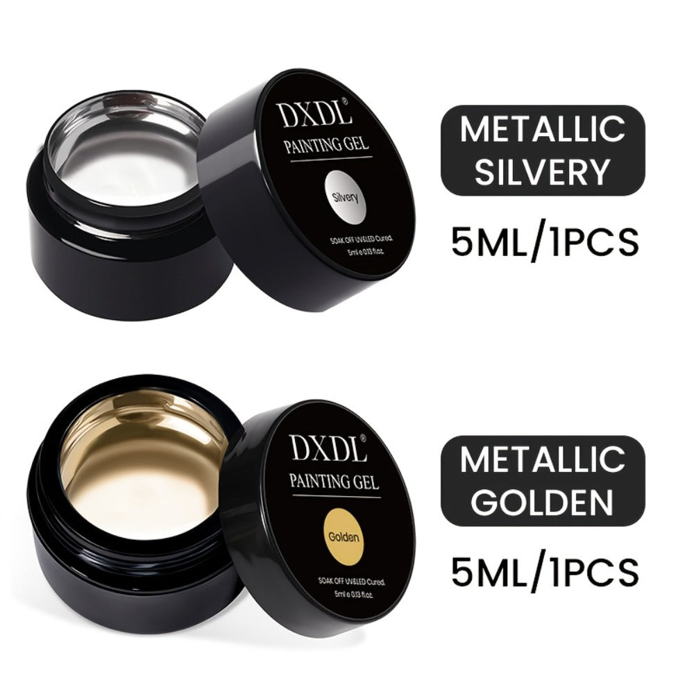 DXDL 2pcs 0.17oz Metallic Painting Gel Nail Polish Set, 3D Chrome Mirror Effect, Silvery And Golden Painting Gel Line And French Nail Art, Soak Off Painted Drawing Liner Design for Salon Nail Art Manicure Home