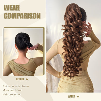 Ponytail Extension Curly 28 Inch Long — Heat Resistant Synthetic Clip In Wrap Around Hairpiece, Voluminous Bouncy Curls for Women Everyday Wear Parties Festivals
