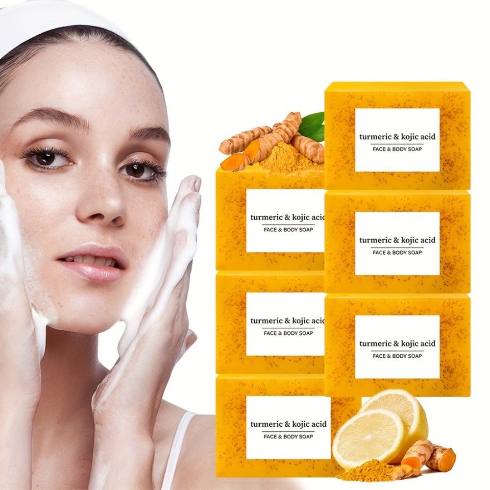 6/12pcs Turmeric Soap Set with Lemon, Turmeric Cleansing Soap, Body Soap, Handmade, Alcohol-Free, Great for Facial And Body Cleansing, Exfoliating Bath Soap, with Two Lathering Screens, Oil Control