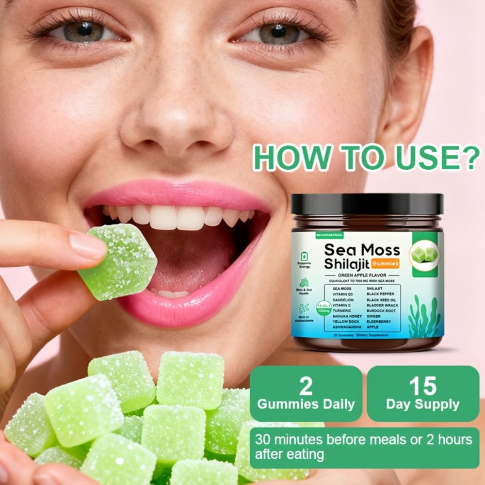 30 Gummies, 16-in-1 Sea Moss+Shilajit Gummies, Plant-Based Formula with Sea Moss, Shilajit, Turmeric, Ashwagandha & Black Seed Herbal Supplement, Immune Support, Digestive Health, Daily Wellness, Green Apple Flavor, Christmas Gift for Men And Women