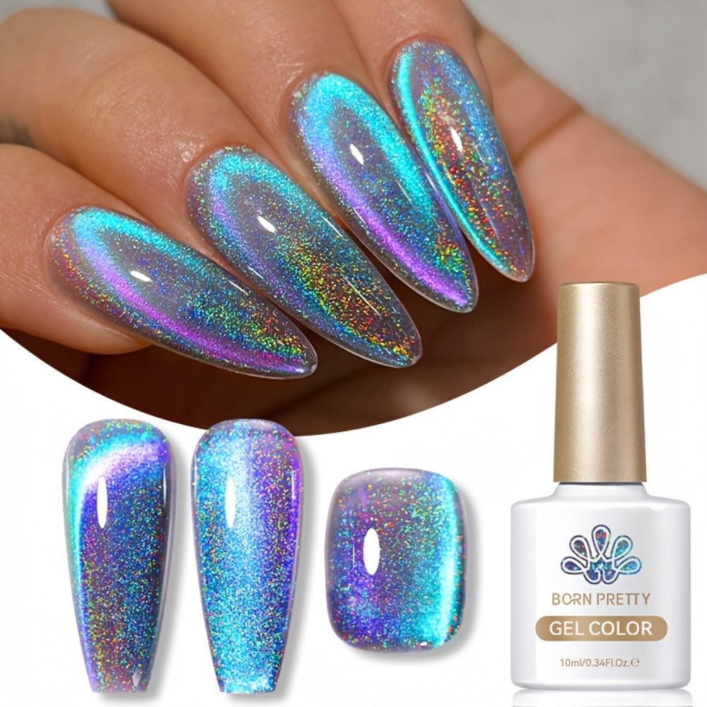1 Born Pretty 9D Magnetic Cat Eye Gel Polish - Holographic Rainbow with Magnetic Swirl Design, Soak-Off /LED Curable Nail Polish Suitable for DIY Magnetic Nail Art, -Lasting Gel for Salon & Home Use 0.34oz