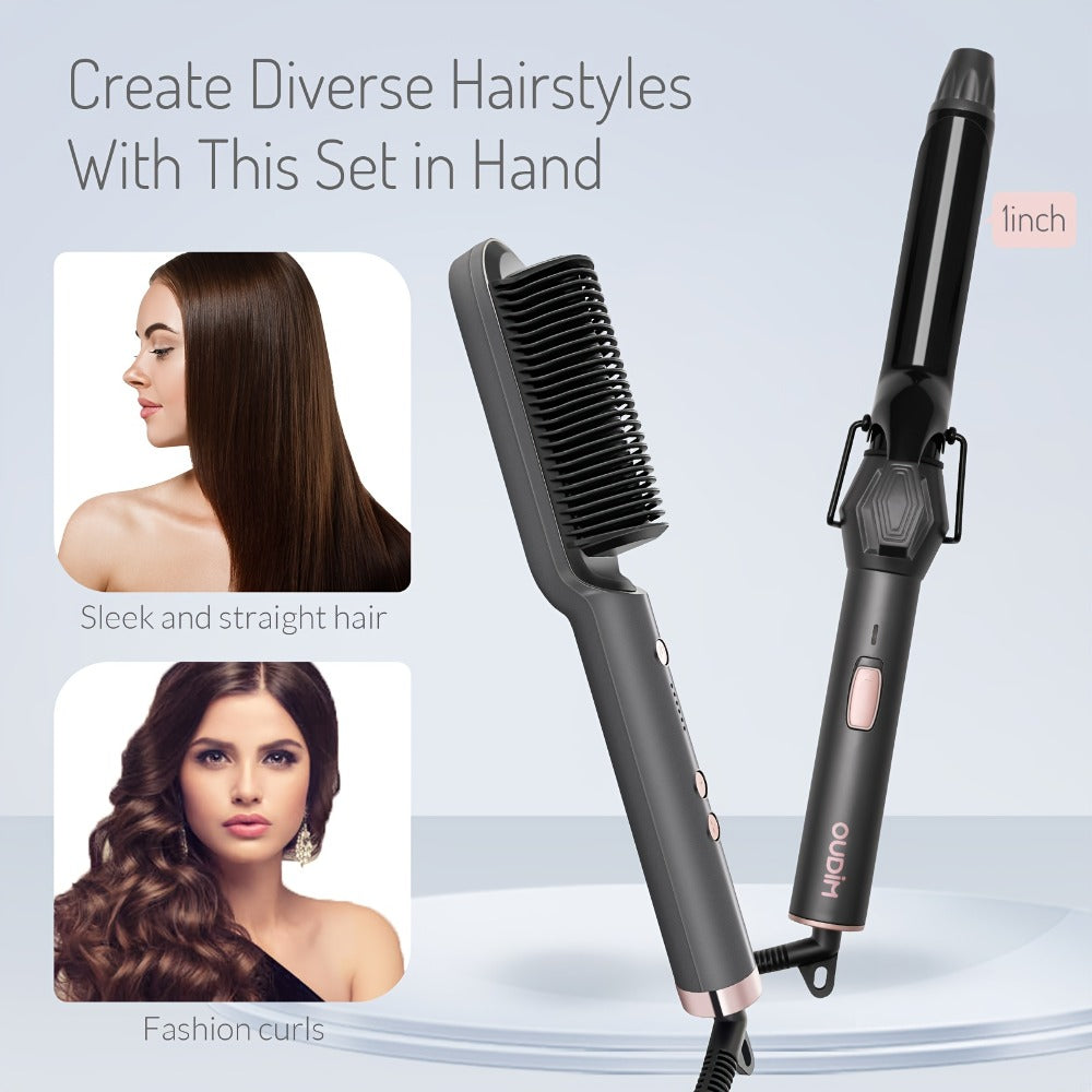 Straightening Comb And Curling Iron Set, Hair Curler, Hair Straightening Brush Flat Iron for Women, Anti-Scald, Quick, Precise Temperature Control, Auto Shuts Off, Suitable for Home, Office And Travel, Gifts for Birthday, Wow Hair Products