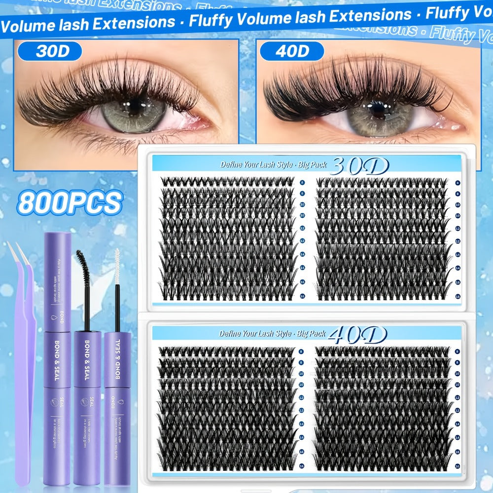 Glue/800pcs Wispy Lash Clusters Set 30D 40D Mixed Length 8-16Mm, Eyelash Extension Kit with 2-In-1 Bond & Seal Glue And Lash Tweezers, Long-Lasting Natural Fluffy Packaging Random Lashes for Everyday Wear, Travel & Events