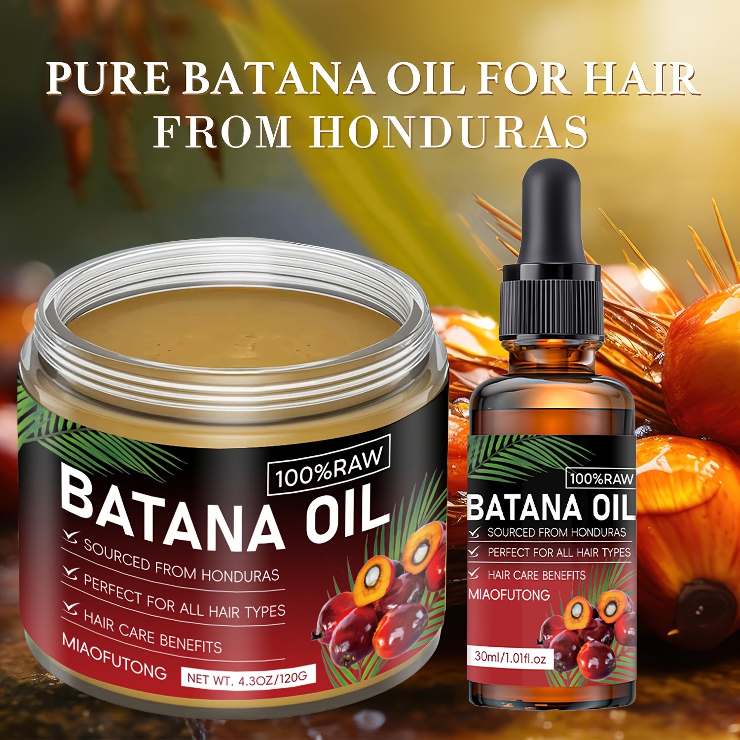 2pcs Natural Honduran Batana Hair Oil + Batana Essential Oil, Nourishes The Scalp And Hair, Increases Hair Shine, Strengthens Hair, Prevents Breakage And Split Ends, Suitable for Dry And Damaged Hair, Makes Hair Healthier, Fresher And Stronger, Scalp