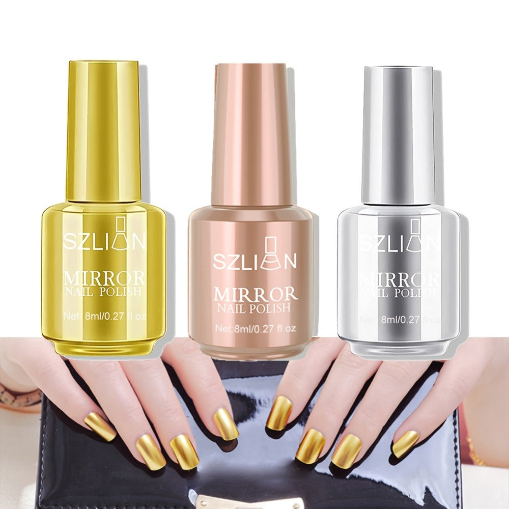 3 Colros Mirror Nail Polish Set, Metallic Nail Polish, Mirror Reflective Acrylic Nail Polish For Party Nail Art Salon Manicure Kit, New Year & Valentine'S Day Gift For Women