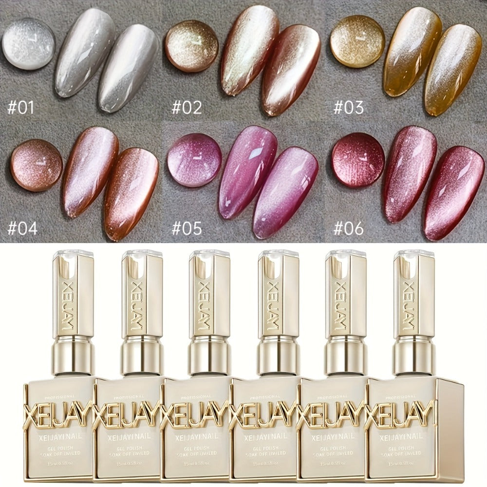 Cat Eye Gel Nail Polish 6 Colors Magnetic Holographic Reflective Rock Candy Soak Off LED UV Nail Art Set - Salon DIY Manicure Gift for Women