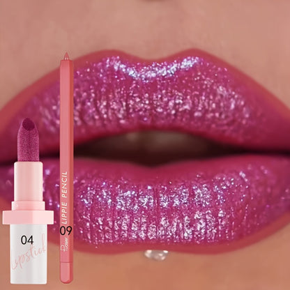 Glitter Lip Gloss and Lip Liner Set 2-Piece - Berry Shine Diamond Glitter, Hydrating Long Lasting Squalane Formula, 10 Color Combos