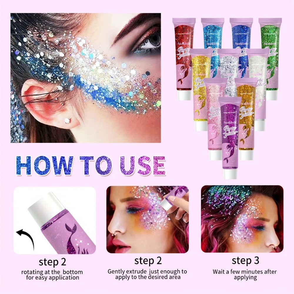 10 Color Set Face & Body Glitter - Cosmetic-Grade Holographic Glitter Gel - Makeup For Festivals, Raves, Anime Cosplay - Safe For Face, Easy Application & Removal