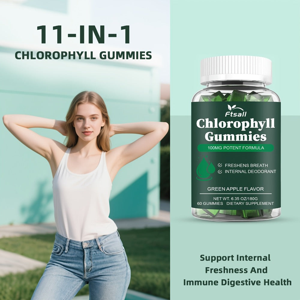 Ftsall Chlorophyll Gummies with Vitamin C, D3, E, B12, Zinc And Irish Sea Moss, Sambucus Elderberry, Echinacea, Apple Cider Vinegar, Freshens Breath Natural Body Deodorizing Supplement, Chlorophyll Herbal Gummies for Women Men Apple Flavor 60 Count