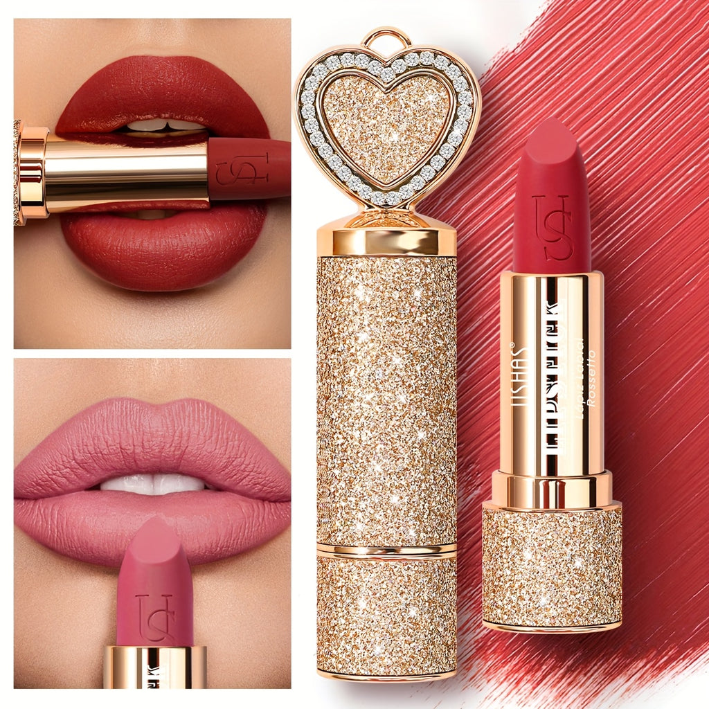 USHAS 24H Matte Lasting Lipstick - Layerable Coverage, Transfer-Resistant, Vibrant Color, Velvet Matte End with Heart-Shaped Design, Richly Pigmented, Easy Application, Durable Wear, Ideal for All-Day Comfort And Effortlessly Chic Lip Makeup