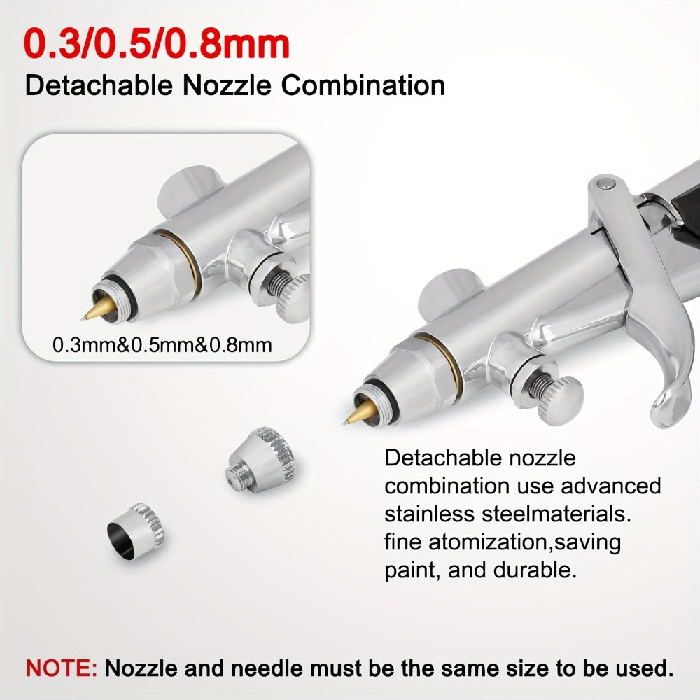 Professional Double Action Trigger Airbrush Kit with 0.3mm/0.5mm/0.8mm Needles & 2cc/5cc/13cc Paint Cups - Manual Air-Powered Spray Gun for Nail Art, Cake Decorating, Makeup, Painting - Portable, No Batteries/Electricity, Easy-Clean Design