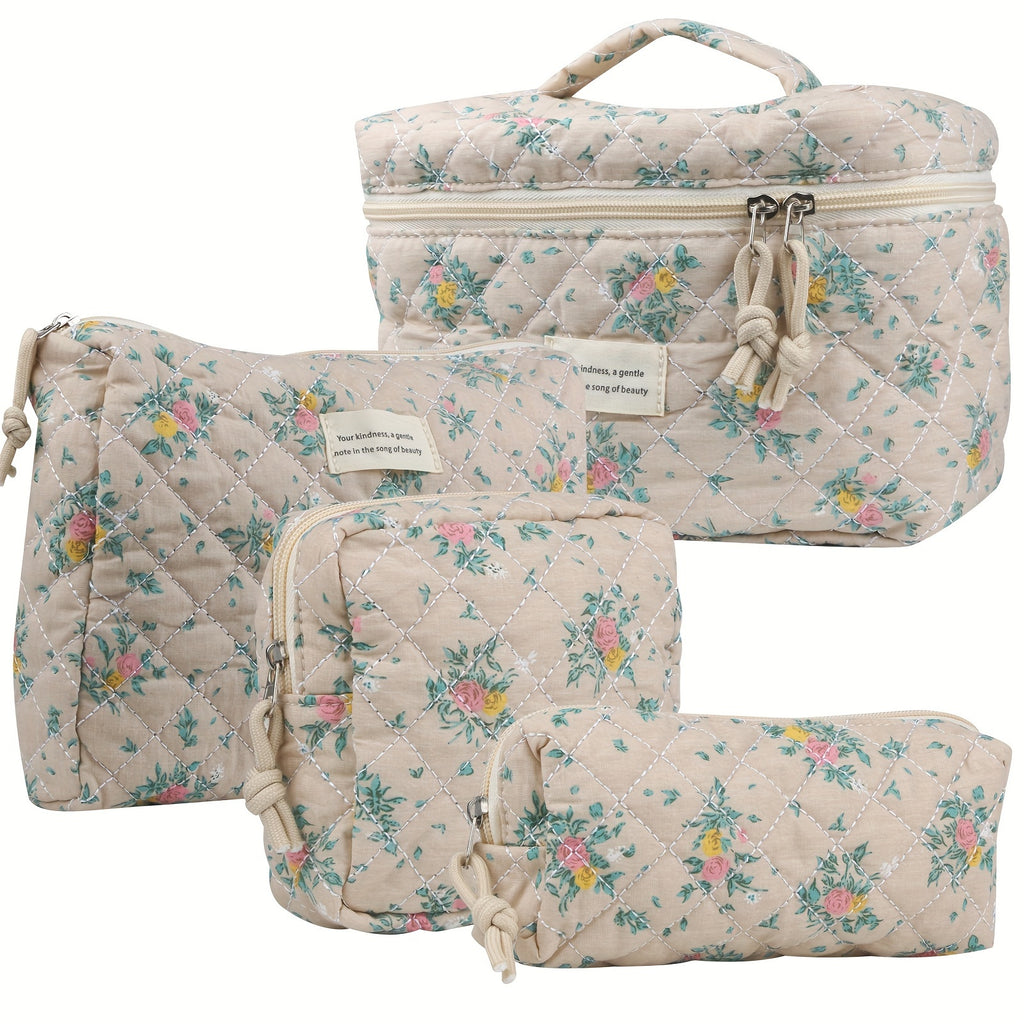 Cute Makeup Bag for Women (4 Pcs), Travel Cosmetic Bags, Quilted Coquette Aesthetic Floral Toiletry Organizer Bag