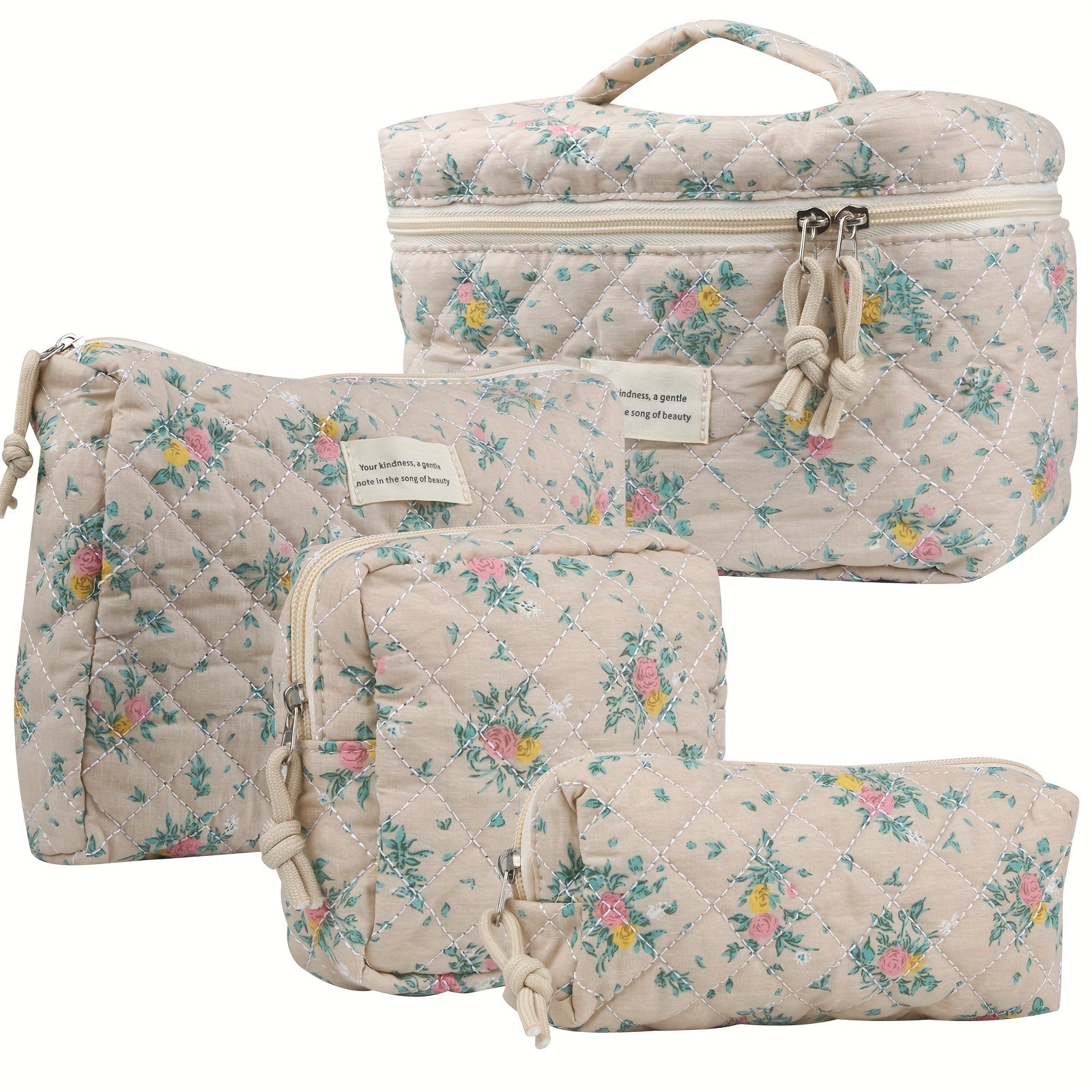 Cute Makeup Bag for Women (4 Pcs), Travel Cosmetic Bags, Quilted Coquette Aesthetic Floral Toiletry Organizer Bag