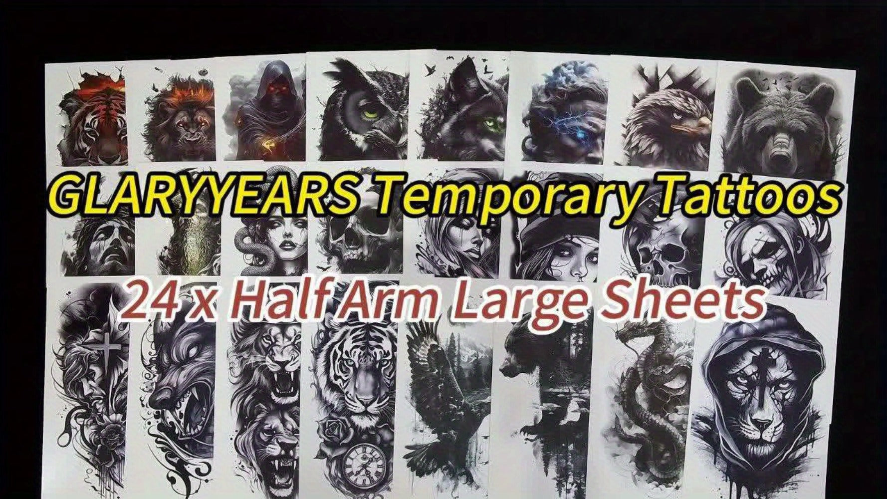 24-Pack Half Sleeve Temporary Tattoos for Adults - Realistic 3D Lion, Eagle, Skull And Greek God Designs | Waterproof Forearm Body Stickers for Men And Women (Gothic Style, Long-Lasting)