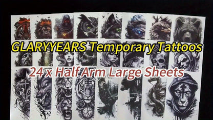 Half Sleeve Temporary Tattoos 24 Pack Realistic 3D Lion Eagle Skull Greek God Designs Waterproof Long Lasting Forearm Body Stickers Gothic Style for Men Women Adults