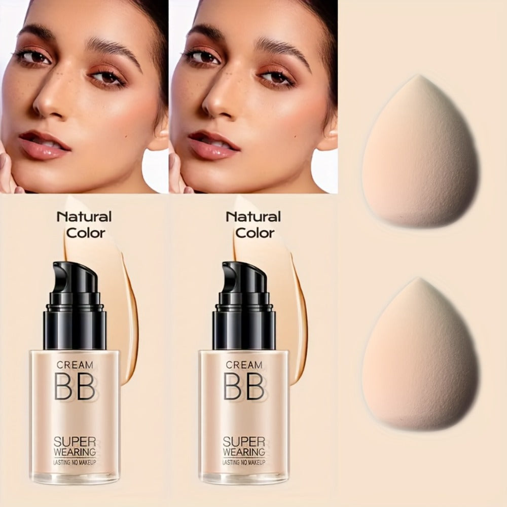 BB Cream and Setting Powder Set 2pcs with Tools Moisturizing Concealer Oil Free Matte Long Lasting Face Makeup for Women Light Natural Skin Tone