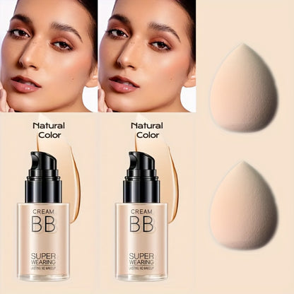 BB Cream and Setting Powder Set 2pcs with Tools Moisturizing Concealer Oil Free Matte Long Lasting Face Makeup for Women Light Natural Skin Tone