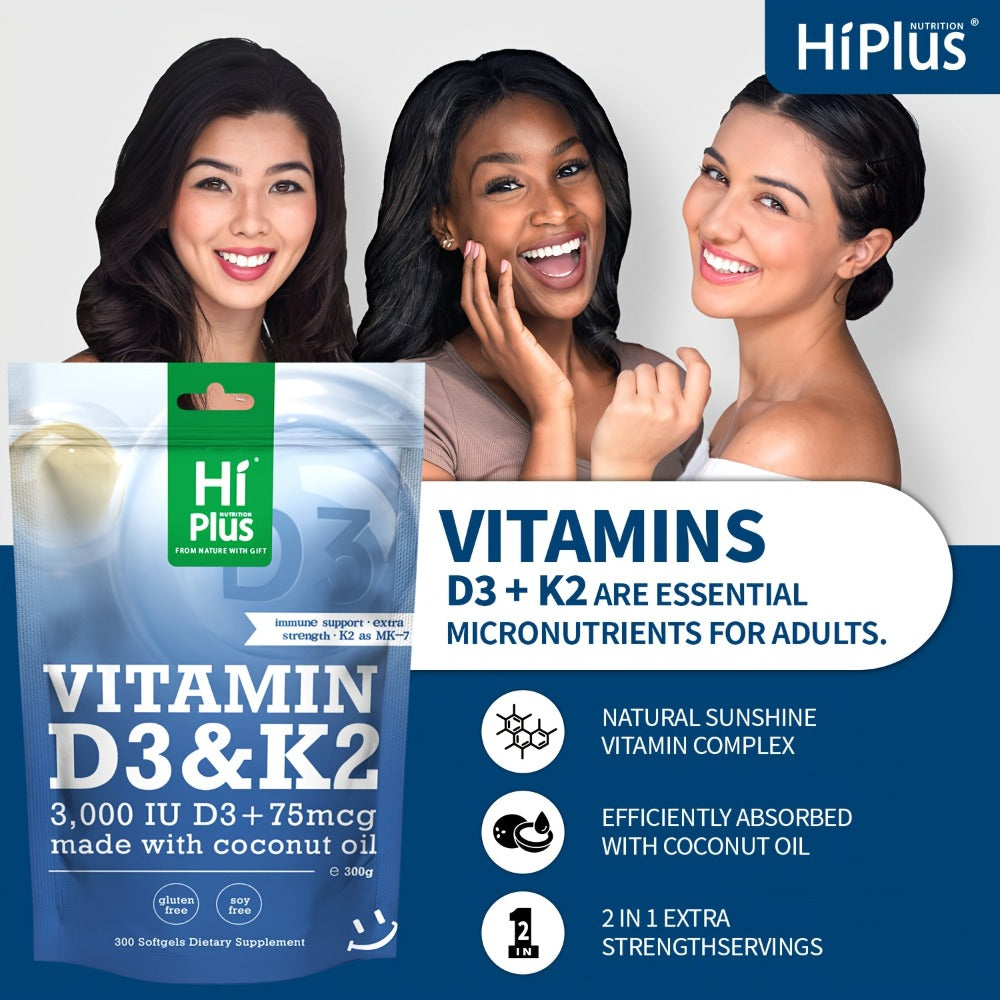 Vitamin D3 3000 IU And K2 (MK-7) 75Mcg Softgels | 300 Virgin Coconut Oil Capsules | Supports Calcium Absorption, Bone, Immune, And Heart Health | Easy to Swallow