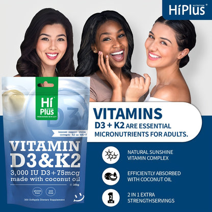 Vitamin D3 3000 IU K2 MK-7 75mcg 300 Softgels with Virgin Coconut Oil Calcium Absorption Bone Immune Heart Health Double Strength Daily Supplement Easy Swallow