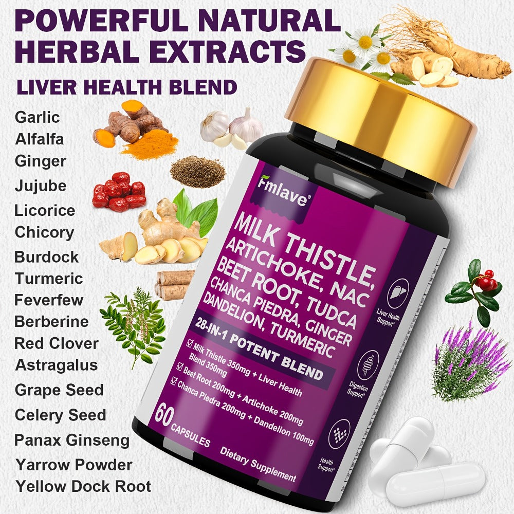 Liver Wellness Supplement - 28-IN-1 Ultimate Herbal Blend for Liver And Digestive Aid - Enhanced Milk Thistle, Dandelion, Turmeric, One Month Supply