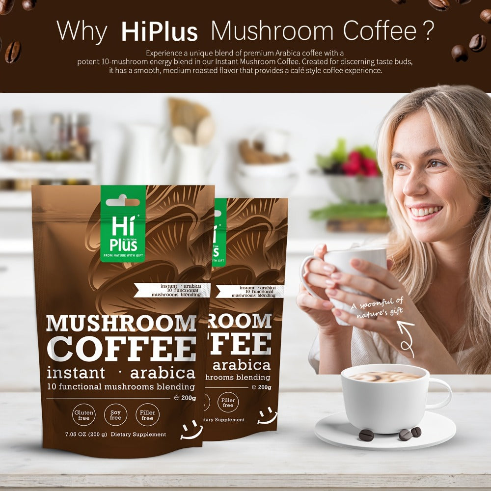 HiPlus Instant Mushroom Coffee Powder - Immune Support & Focus Booster with Arabica Coffee, Lions Mane, Chaga, Reishi, Cordyceps, Turkey Tail, Shiitake, Maitake, Gluten-Free, Soy-Free, No Fillers - Clean Energy & Mental Clarity, No Jitters - 7oz (203g)