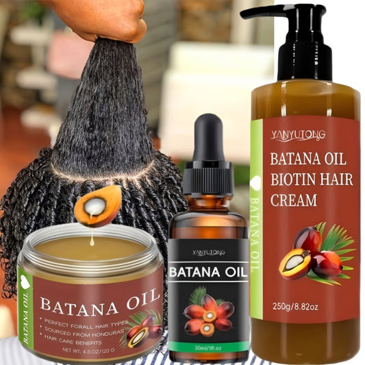 [Make Hair Look Thicker] 3pcs Honduras Batana Hair Cream And Batana Hair Oil And Batana Essential Oil, Pure Cold-Pressed Extract Containing Biotin to Nourish The Scalp And Hair, Strengthen And Prevent Breakage And Split Ends, Add Luster