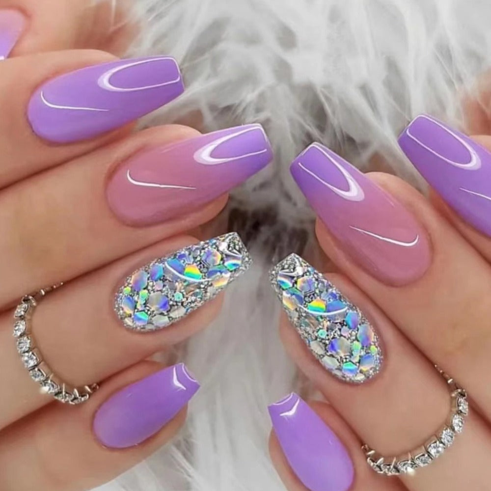 5pcs 120pcs Sparkling Glitter Coffin Nails - Medium Length with Sequins Designs Durable Glossy Pinkish Purple Acrylic - Full Cover False Nails for Women-Easy Press-On, Secure Glue-On,  Nail Art, Press On Manicure, Beauty Lovers