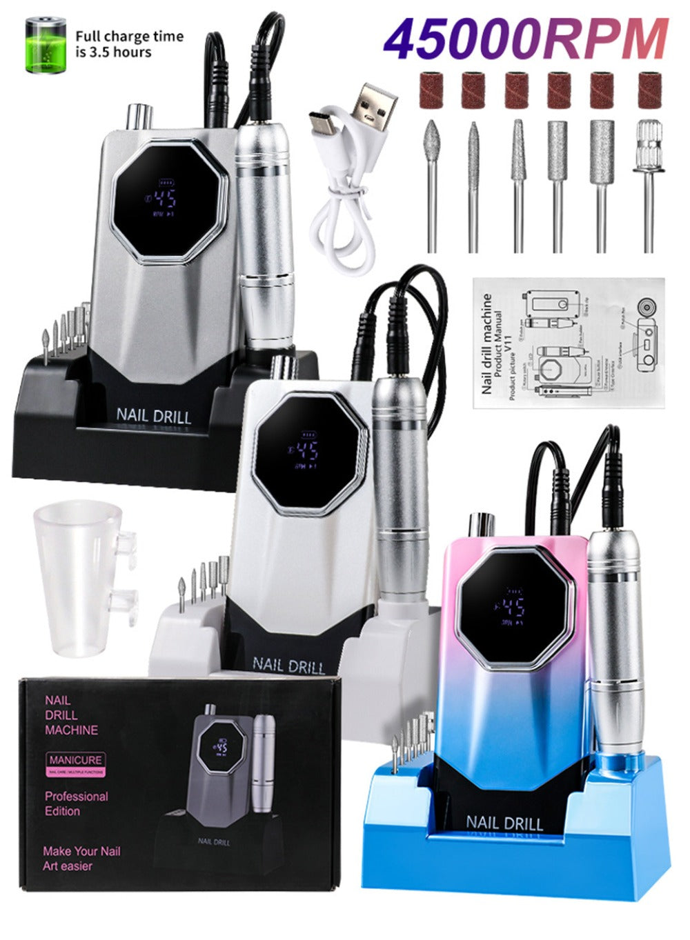 45000RPM Electric Nail File Kit | Portable Nail Drill for Acrylic Nails Gel Polishing Removing, Professional Rechargeable Electric Nail E File Kit for Manicure Salon Home, USB Powered, LCD Display, Brushed Motor, Plastic Material