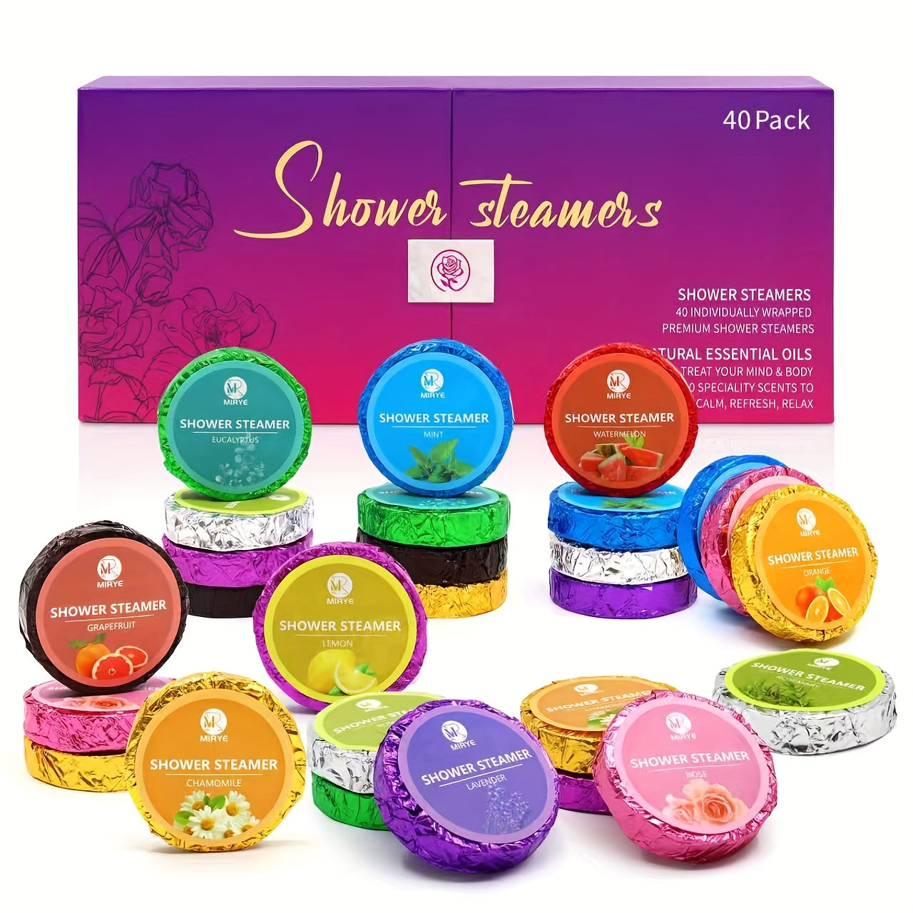 Luxury 40pcs Shower Steamers Spa Gift Set, 10 Unique Herbal & Fruity Fragrances Rose Eucalyptus Lavender Rosemary, Universal Self Care Gift for Men Women Holiday Birthday Family Party