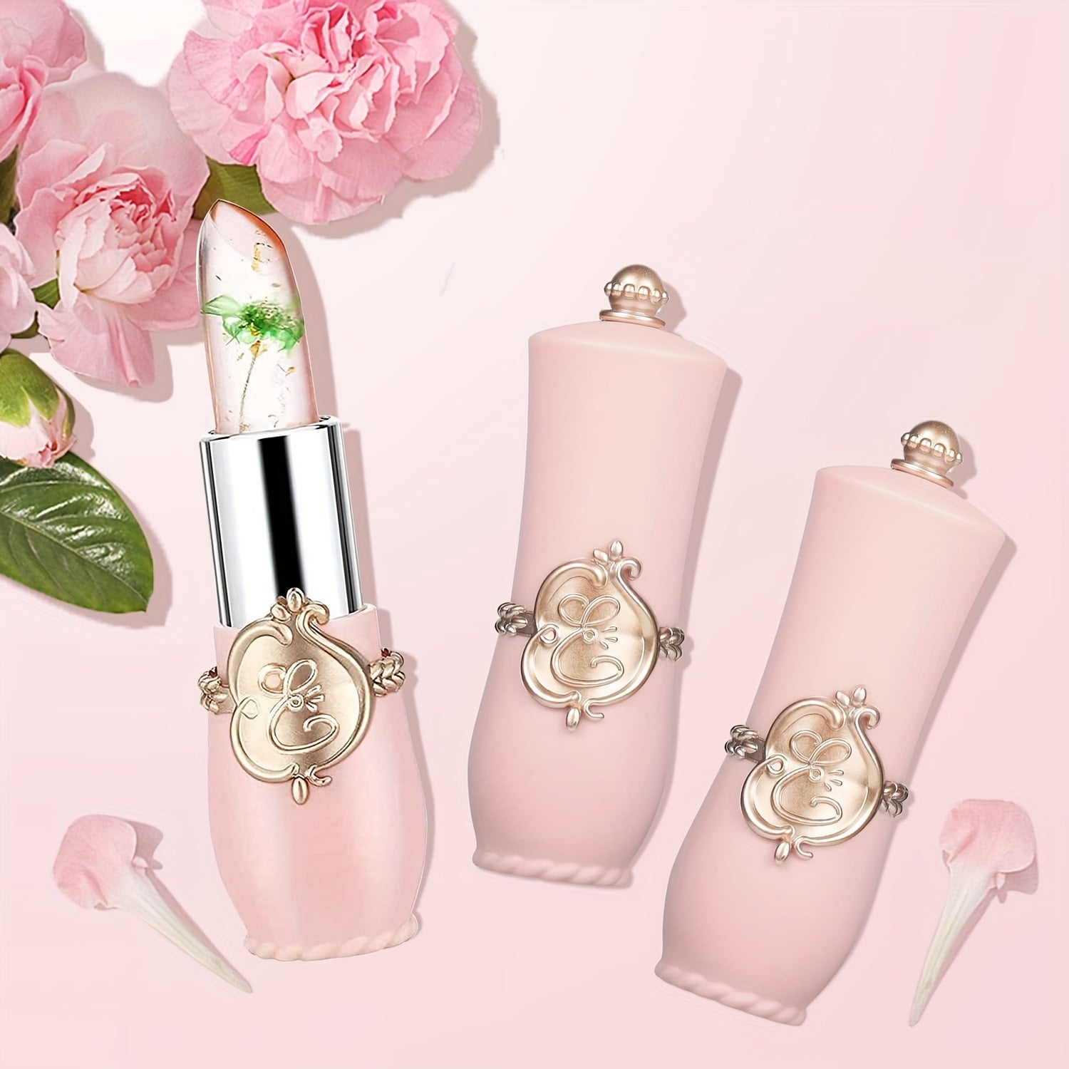 6pcs Pink&Black Flower Jelly Lipstick Long Lasting Moisturizing Thermostat Color Changing Lipstick Lip Balm Peach Flavor Daily Lip Care Set for Valentine's Day