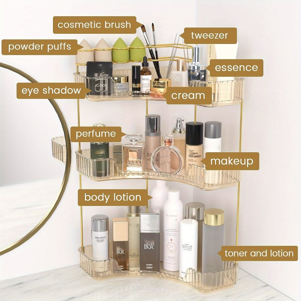 2-in-1 Corner Bathroom Counter Organizer - 2-Tier/3-Tier Space-Saving Shelf with Brush Holder, Makeup & Skincare Storage, -Toned Amber, Portable Vanity/Dresser/Kitchen Shelf, Insert-Style Installation (No Tools) for Small Spaces