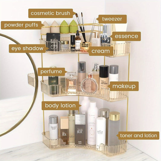 2-in-1 Corner Bathroom Counter Organizer - 2-Tier/3-Tier Space-Saving Shelf with Brush Holder, Makeup & Skincare Storage, -Toned Amber, Portable Vanity/Dresser/Kitchen Shelf, Insert-Style Installation (No Tools) for Small Spaces