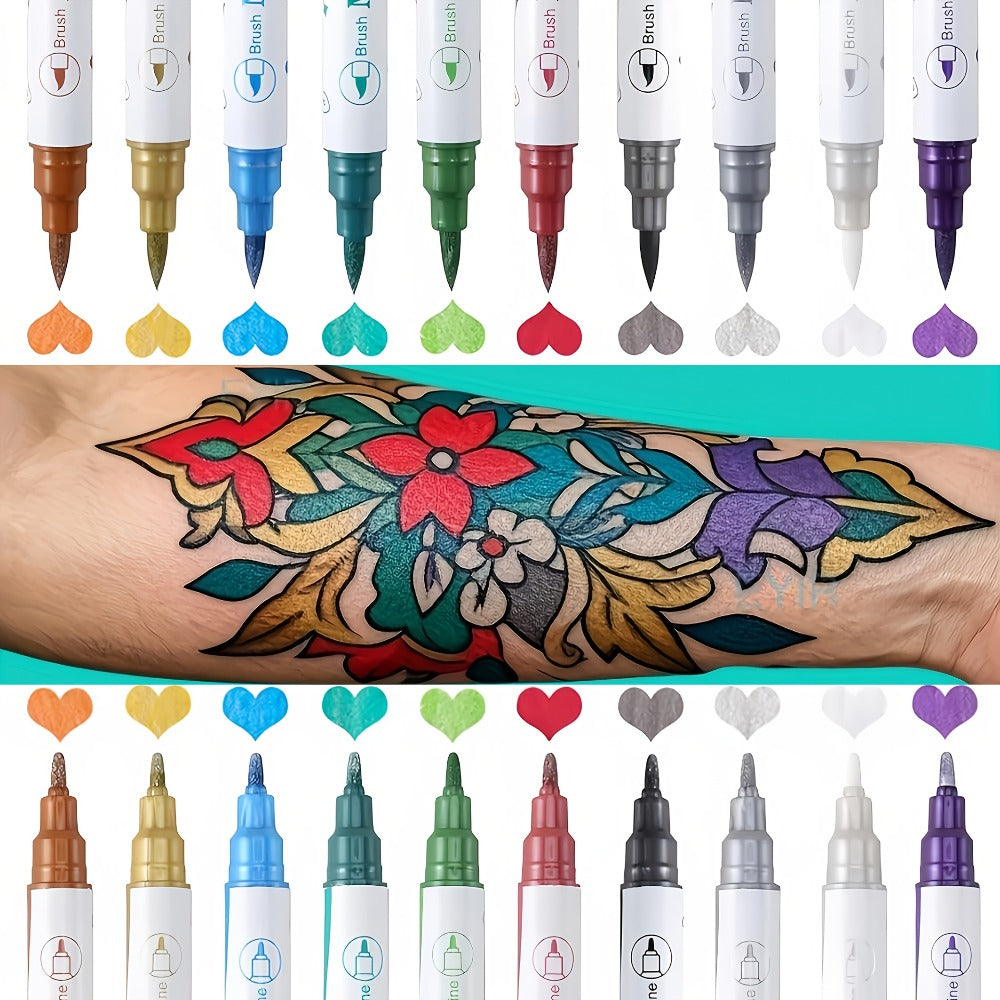 10pcs Double-ended Tattoo Pen Set + 114 Templates + Butterfly Temporary Tattoo Sticker Set Of Waterproof And Sweat-resistant Long-lasting DIY Design Tools, Easy to Remove And Washable Body Painting, The Ideal Choice for Party And Festival Gifts